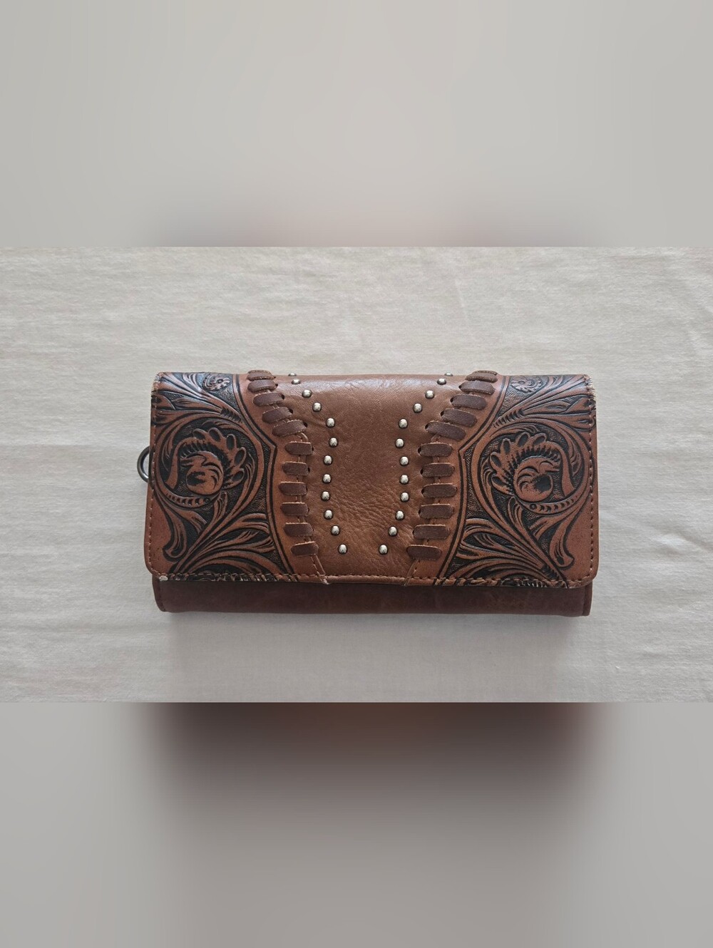 Montana West 'Trinity Ranch' Brown Tooled Leather Wallet w/Silver Stud Accents